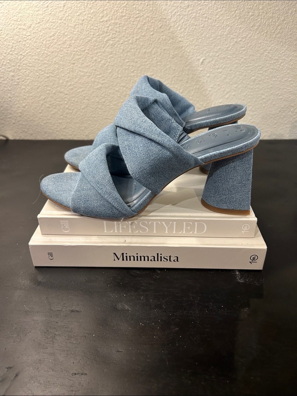 Gianni Bini Light Blue Denim Crisscross Block Heel Mules